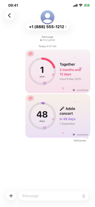 A LoveClock countdown card inside an iMessage conversation.