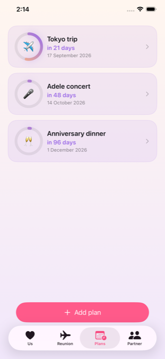 The plans list in LoveClock, each plan with its own emoji.