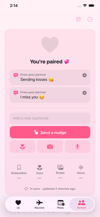 A nudge arriving in LoveClock, with hearts raining down the screen.