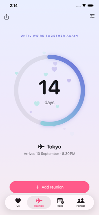A reunion countdown in LoveClock over a night-sky gradient.