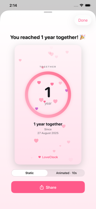 A LoveClock share card showing a milestone on a gradient background.