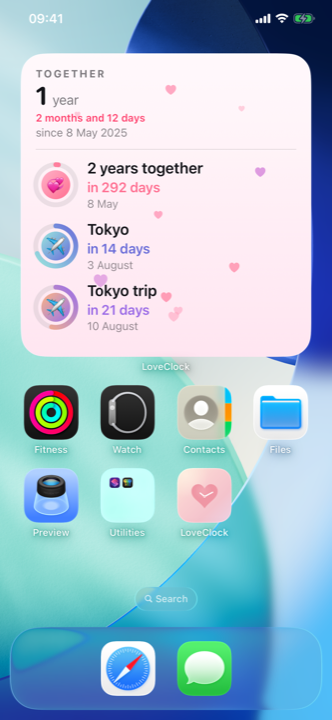 LoveClock widgets on an iPhone Home Screen.
